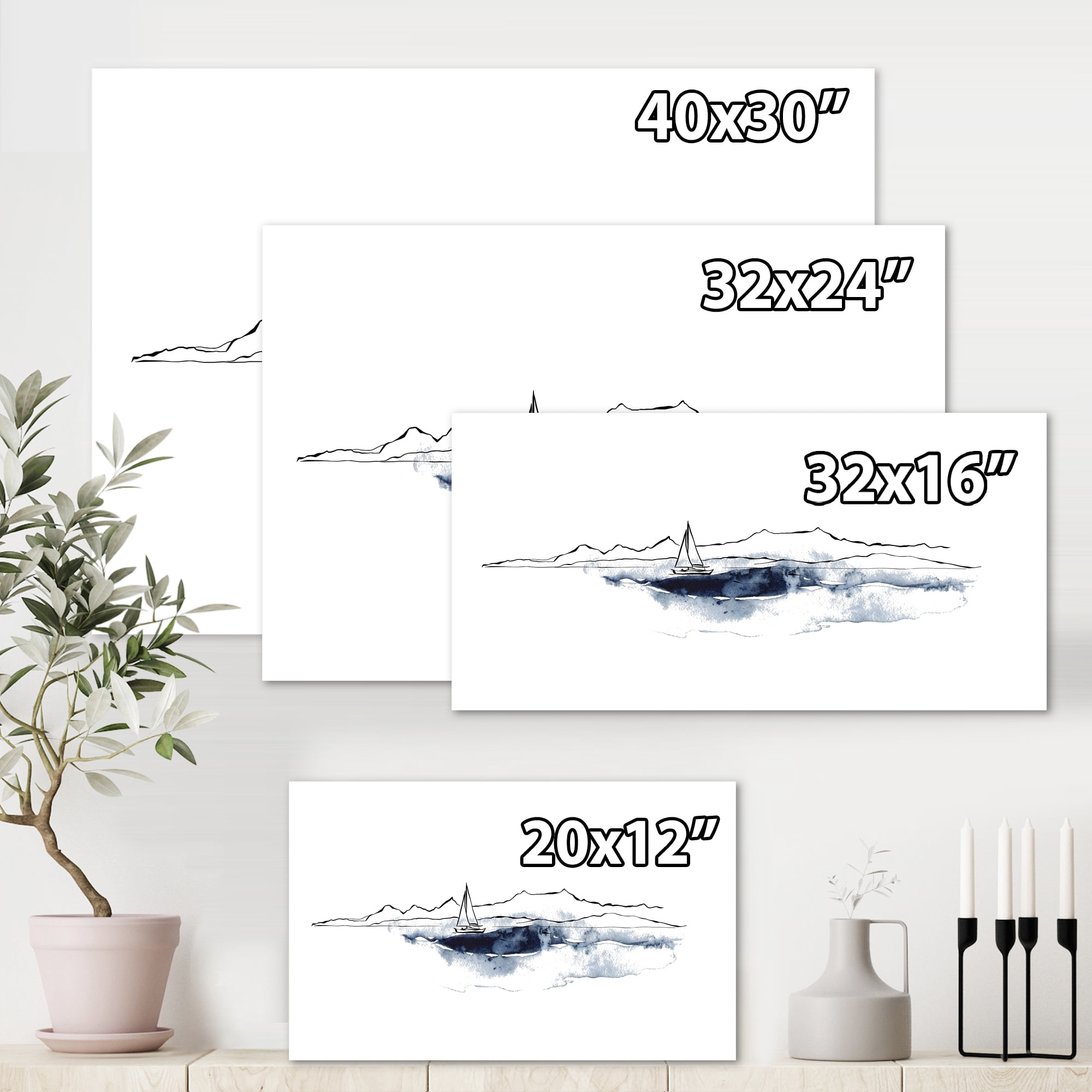 Designart ' Minimalistic Seascape With Boat and Black Mountains ' Nautical & Coastal Canvas Wall Art Print