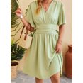 thumbnail image 4 of Honganda Robe Midi Femme Couleur Unie Manches Courtes Col en V Robe Été Mode Décontractée Robe Trapèze, 4 of 9