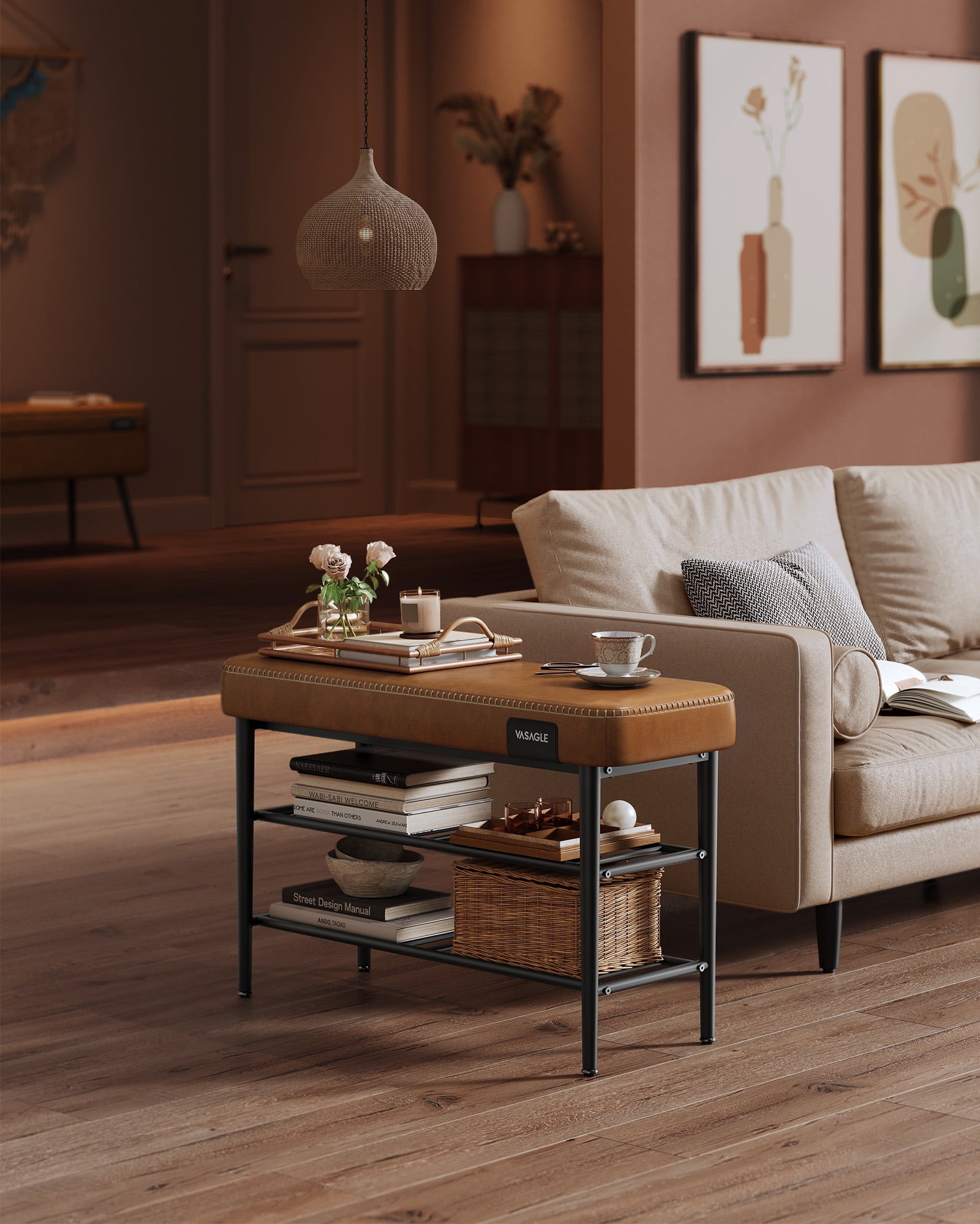 Storage Bench, Shoe Rack Bench Entryway, Synthetic Leather with Stitching, Caramel Brown