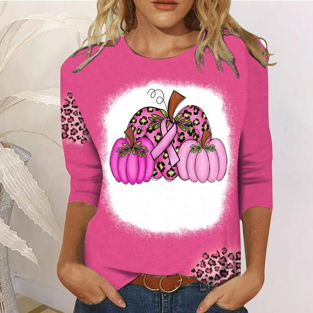 TIMIFIS Chandails de Sensibilisation au Cancer du Sein pour Femmes Ruban Chandail à Manches Longues Blouse Imprimée T-shirt Ample Blouse à Manches 3/4 Col Rond Hauts Décontractés Automne/hiver