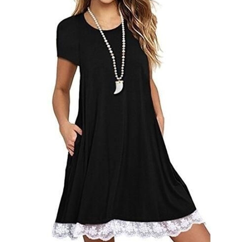 black short sleeve round neck patchwork dress