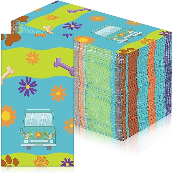 WONIMA02 100 Pcs Car Hippie Paper Napkins Cartoon Dog Party Supplies Disposable Paw Daisy Flower Bus Cocktail Napkins for Themed Party Birthday Supplies(8 x 4 Inches)