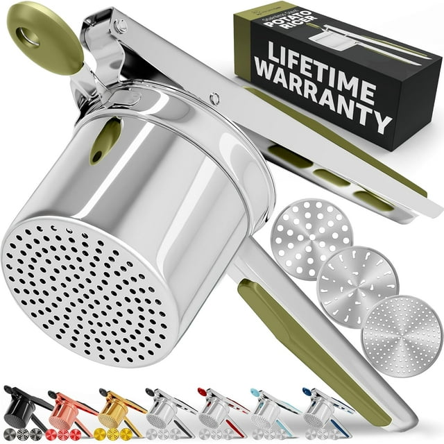 PriorityChef Grand Rizière de Pommes de Terre 15oz avec 3 Disques, Rizière en Acier Inoxydable Robuste pour Purée de Pommes de Terre, Presse-Purée, Outil de Cuisine, Vert Olive