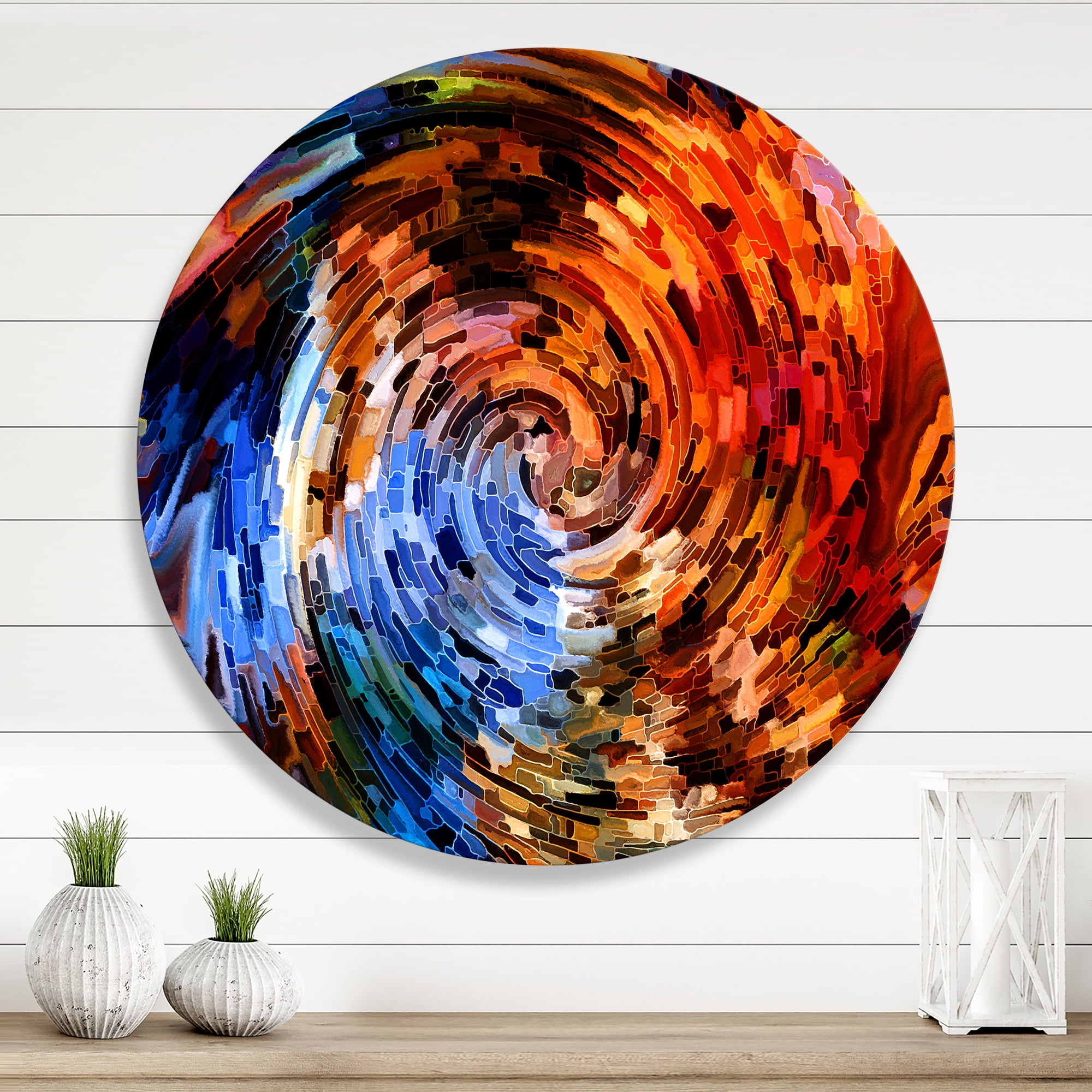 Designart 'Orange Spiral Abstract Voyages To Inner World' Modern Circle Metal Wall Art 23x23 - Disc of 23
