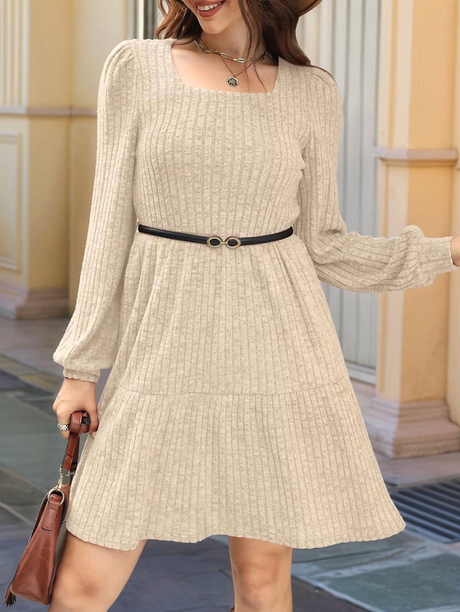 Womens Square Neck Long Sleeve Fall Dresses Casual Babydoll Sweater Dress S