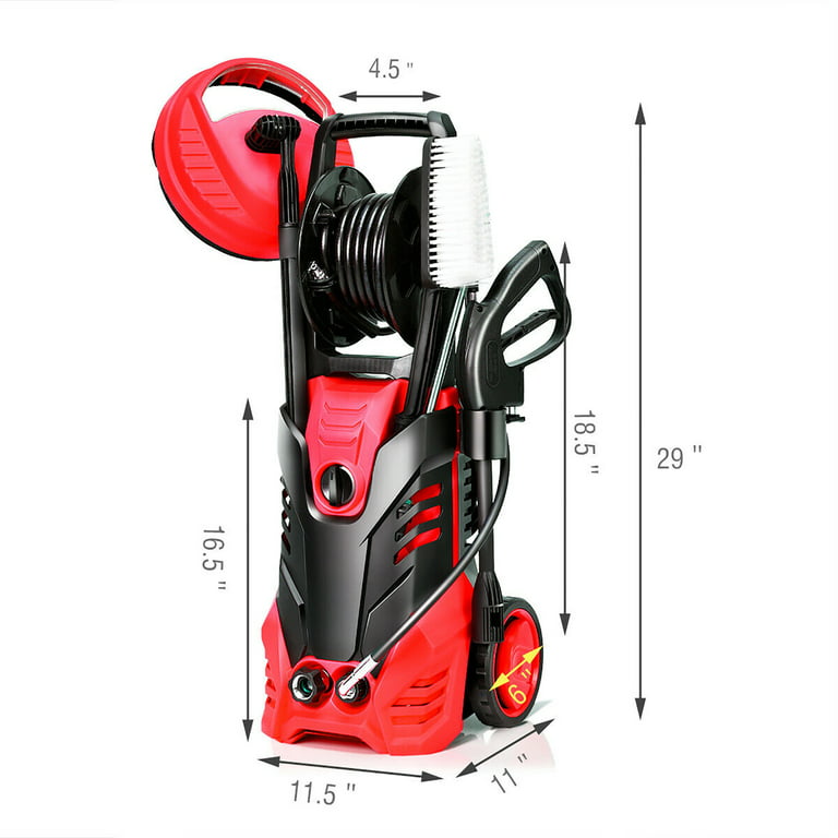 Giantex 3000PSI Electric Pressure Washer, Portable High Power Washer w/ 5  Nozzles, Hose Reel, Soap Bottle, 2 GPM 2000W (Red)
