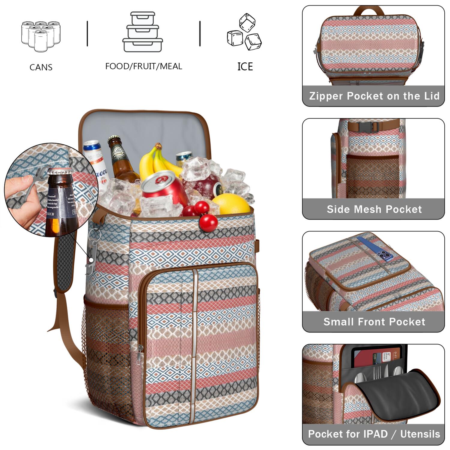 Travel Cooler Bag - Boho Bohemia Pioneer Flower Geometric Line Art Camping Beer Cooler Backpack with Bottle Opener- Waterproof Insulated Picnic Backpacks - Cooler Bag for Beach