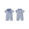 thumbnail image 2 of BemeyourBBs Newborn Baby Boy Fishing Outfit Infant Baby Boy Summer Clothes Waffled Stripe Romper One Piece Stripe Embroidery Buttons Turn Down Collar Short Sleeve Bodysuit Jumpsuit, 2 of 9