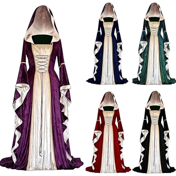 IWRICH Womens Renaissance Velvet Dress Halloween Victorian Hooded Gown Dresses Gothic Outfits Red XL