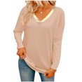 thumbnail image 2 of Tops for Women Long Sleeve Fall Winter Classic Solid Color Gold V-neck Pullover T-shirt Khaki S, 2 of 9