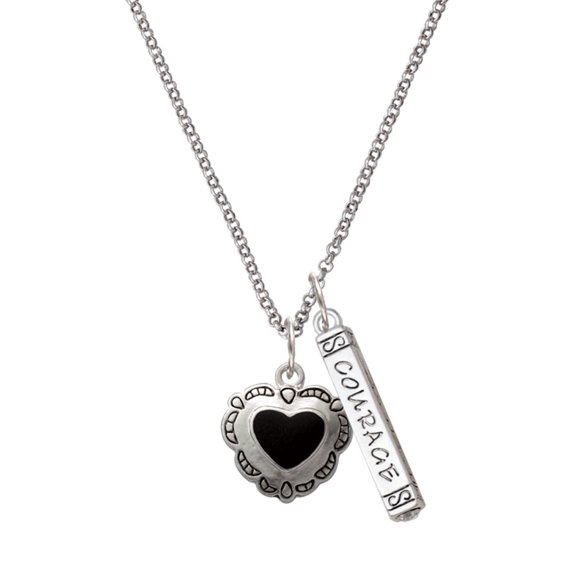 Delight Jewelry Silvertone Black Concho Heart Silvertone Courage Strength Wisdom Honesty Bar Charm Necklace, 23"