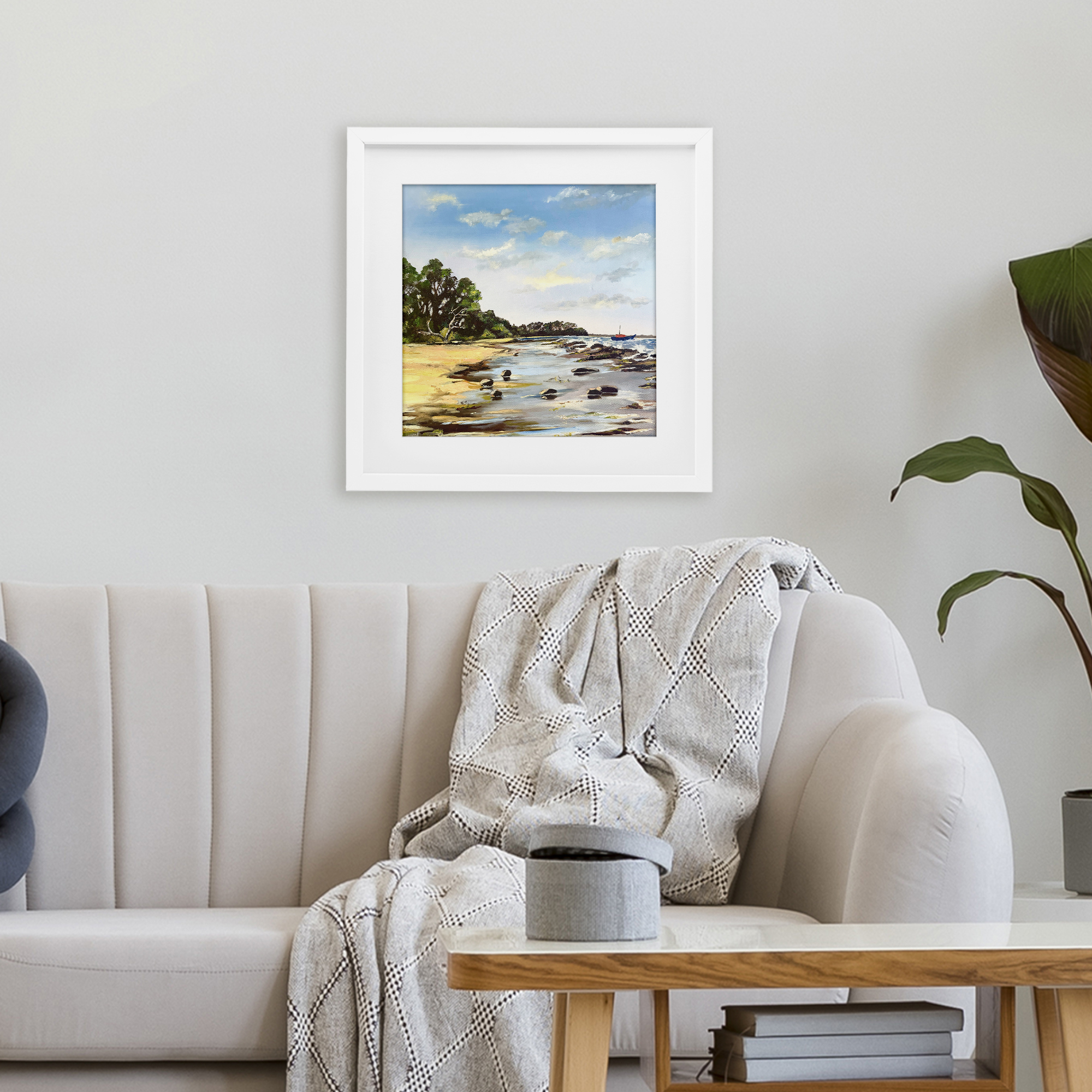 Low Tide Seascape White Framed Print Under Glass, design by Patricia Reynolds