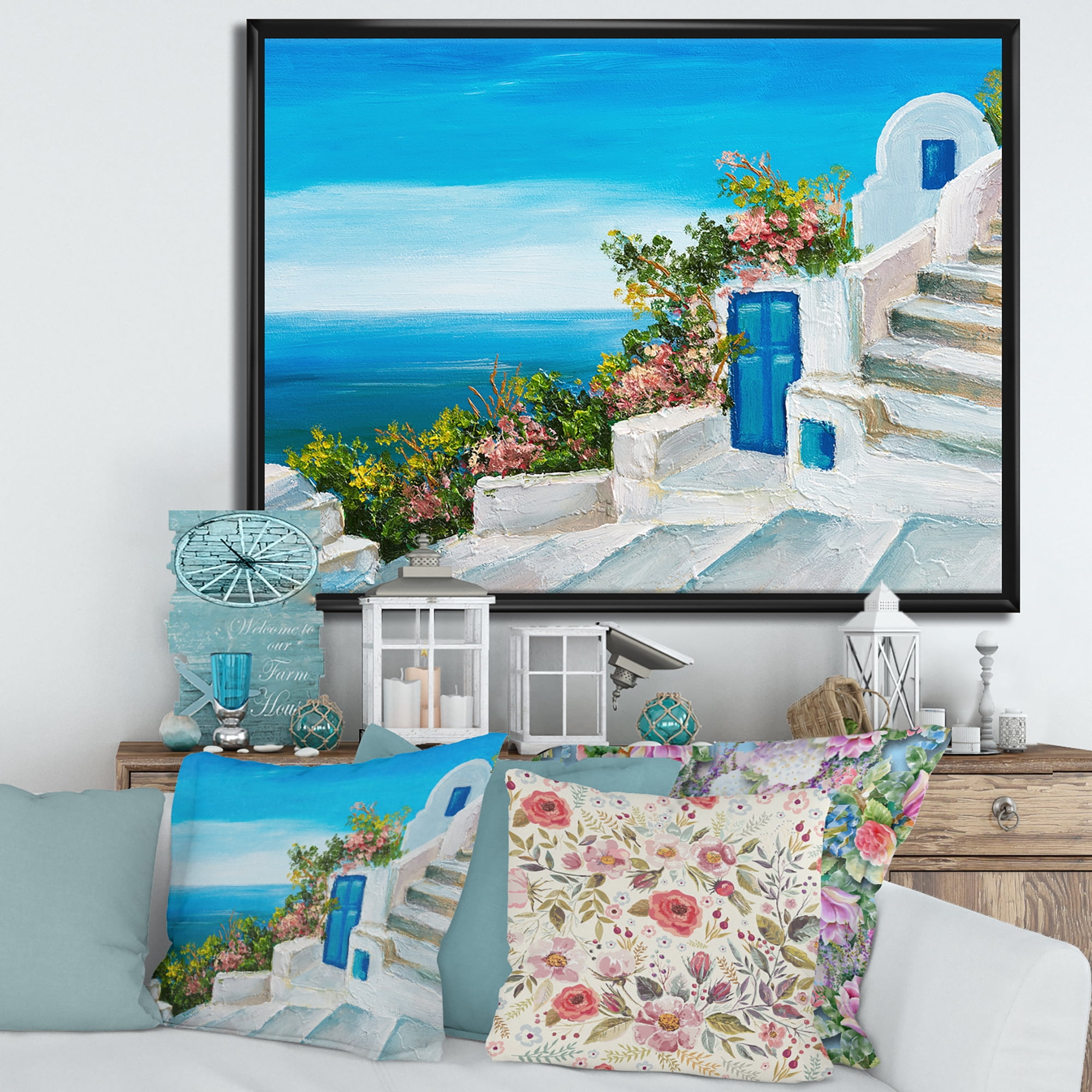 Designart 'House With Colorful Flowers Near The Sea IV' Nautical & Coastal Framed Canvas Wall Art Print