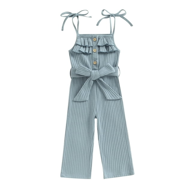 Kmbangi Kids Girls Jumpsuits Buttons Ruffles Sleeveless Solid Color Rib Knit Rompers Summer Casual Cami Playsuits with Belt