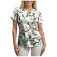 thumbnail image 4 of felwors Print Scrub Tops Women Floral Scrubs V Neck Short Sleeve Stretch Nurse Uniform with Pockets Functional Workwear (Green, L), 4 of 5
