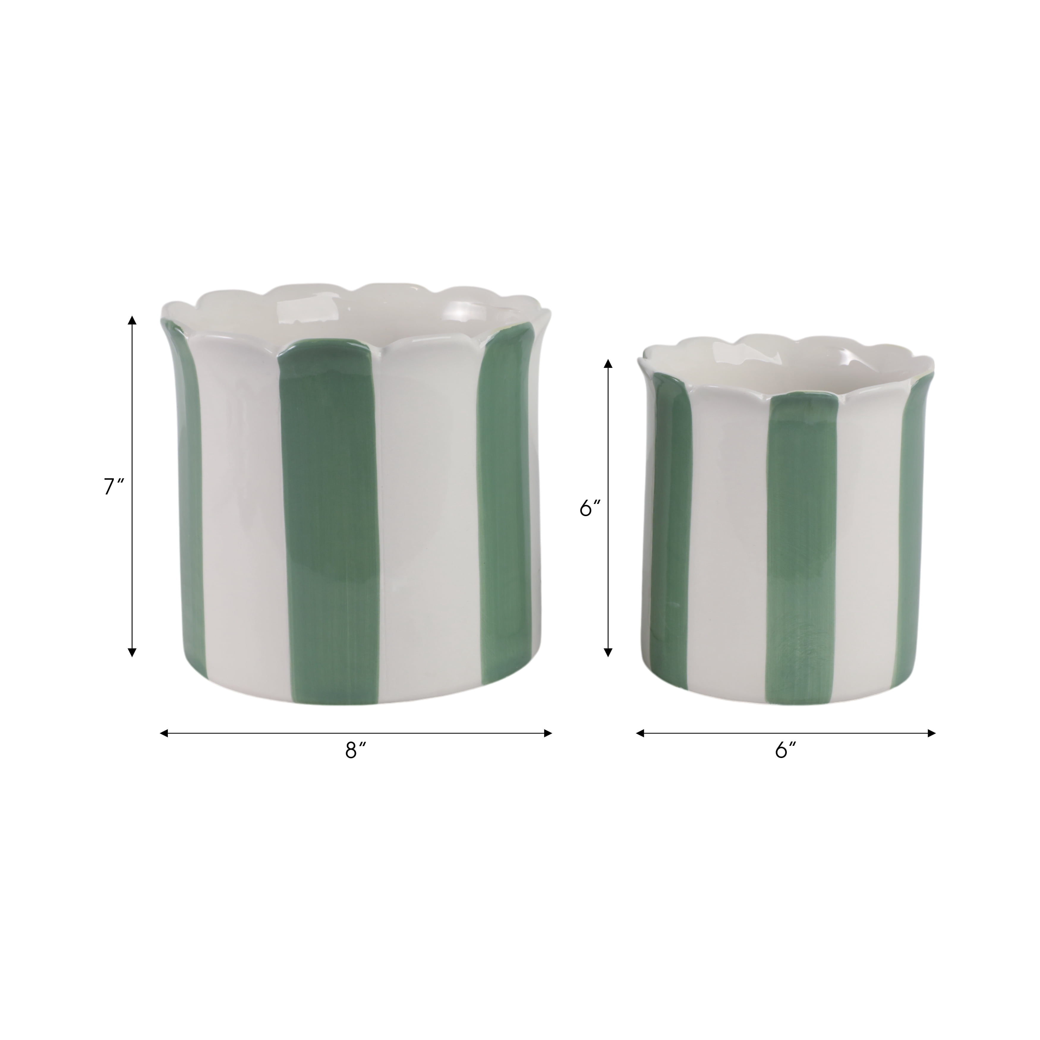 Ceramic Scalloped Striped Flower Pots for Home Decor - Decorative Planters for Indoor and Outdoor Plants - Plant Pots for Living Room and Garden Decor - Set of 2, 7", 6", Green & White