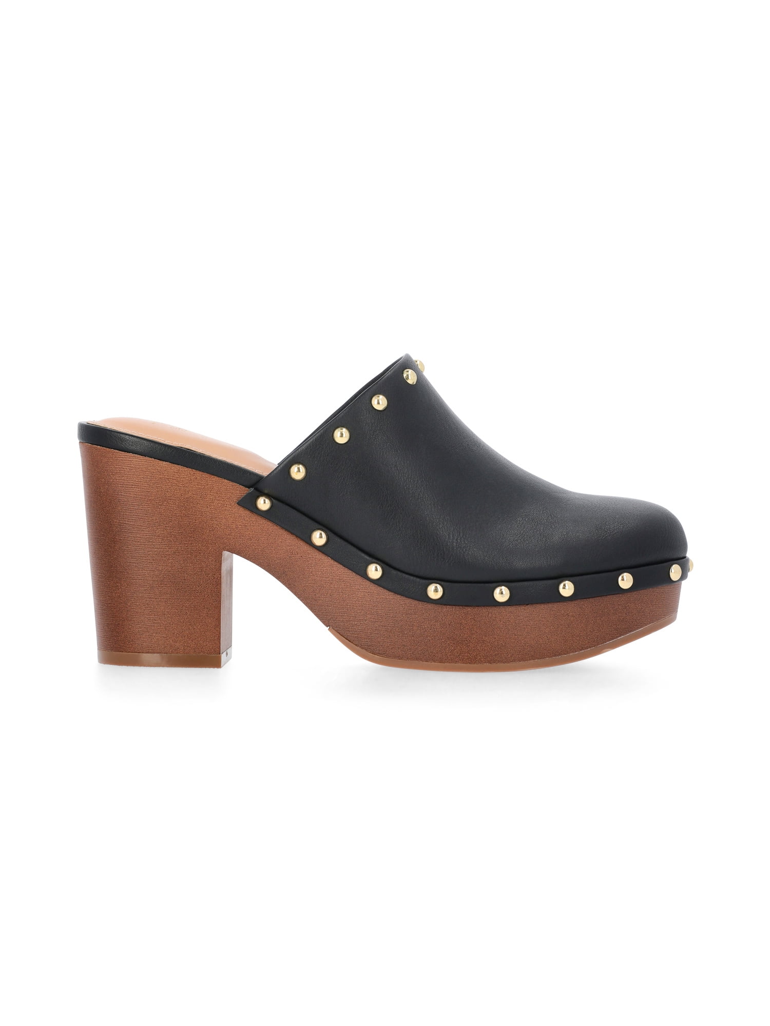 Time and Tru Women's Faux Leather Studded Clogs with Block Heels