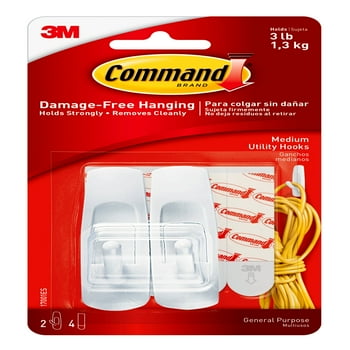 Command Medium Utility Hooks, White, Damage Free Organizing, 2 Hooks and 4 Command Strips
