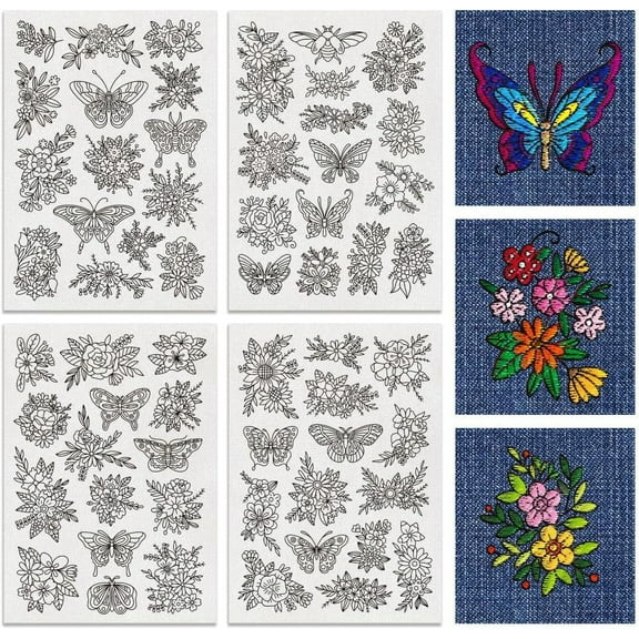 4 Sheets 60PCS Stick and Stitch Embroidery Paper Butterflies and Flowers Theme Stabilizer Water Soluble Hand Sewing for DIY Carves Shirts Coats Bags Towels
