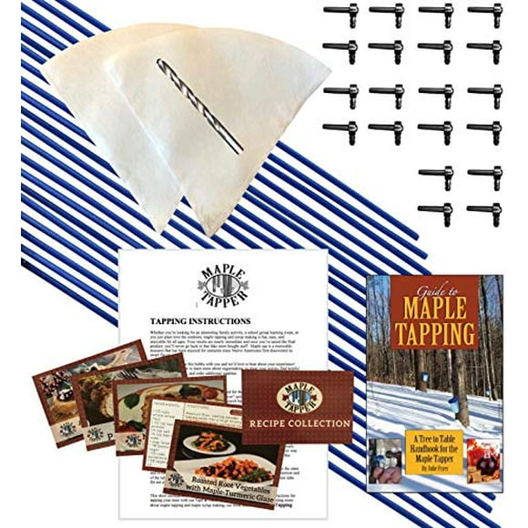 Kit de Tapotement d'Arbre à Sirop de Maple Deluxe - (20) Tapotements + (20) Tubes de Ligne de Chute de 3 Pieds + (2) Filtres à Sève de 1 Litre - Tuyau de Qualité Alimentaire Premium Bleu Foncé - Cartes de Recettes Foret Guide de 80 Pages pour Livre de Tapotement de Maple