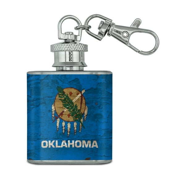 Rustic Distressed Oklahoma State Flag Stainless Steel 1oz Mini Flask Key Chain