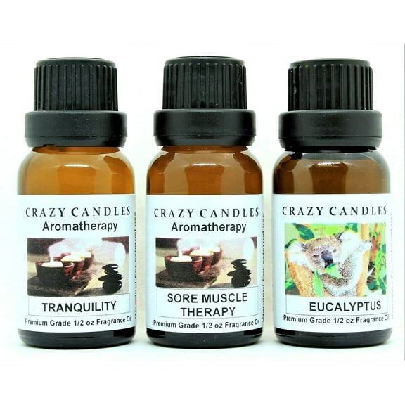 Crazy Candles 3 Bottle Set (Aromatherapy Collection) 1 Tranquility, 1 Sore Muscle Therapy, 1 Eucalyptus 1/2 Fl Oz Each (15ml) Premium Grade Scented Fragrance Oils