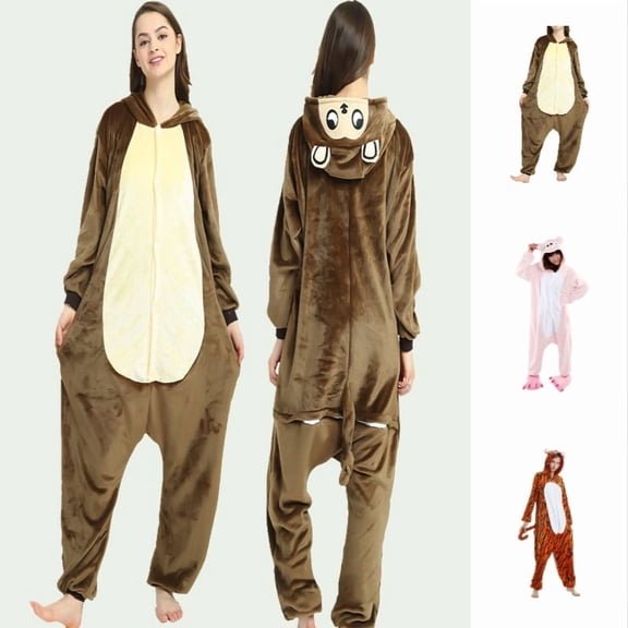 Krdevn Adult Animal Onesie Pajamas, Hooded Cartoon Cosplay Jumpsuit for Halloween Costume & Home Loungewear,Brown