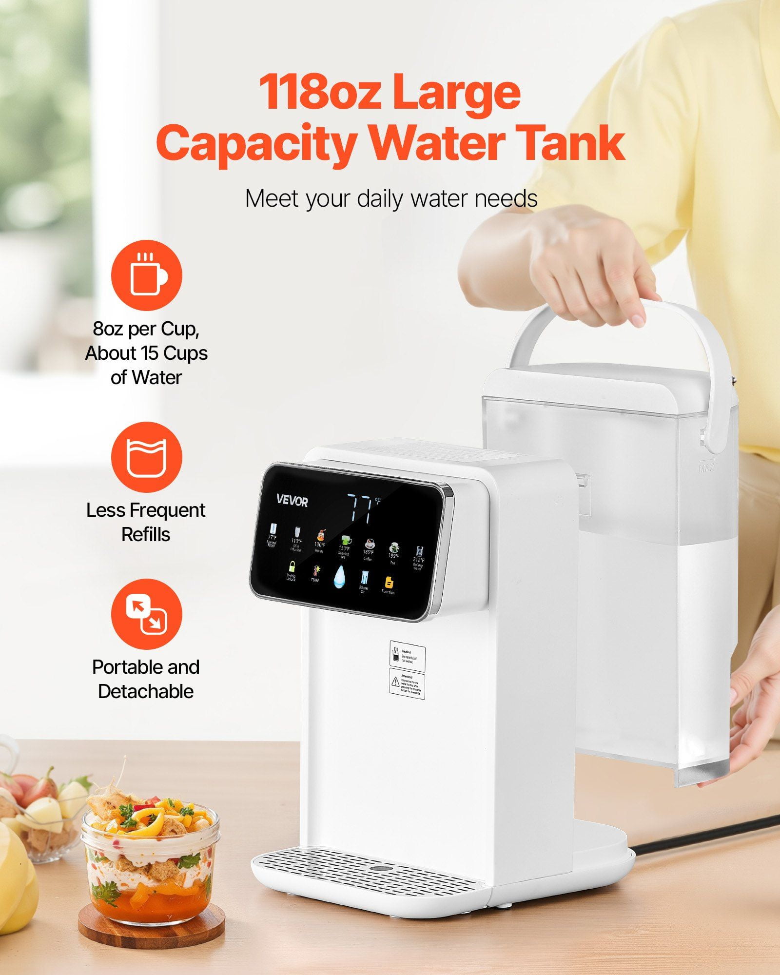 Instant Hot Water Dispenser Adjustable 7 Temperatures 7 Water Volumes 118oz Removable Tank Quick Heating Touchscreen Child Lock
