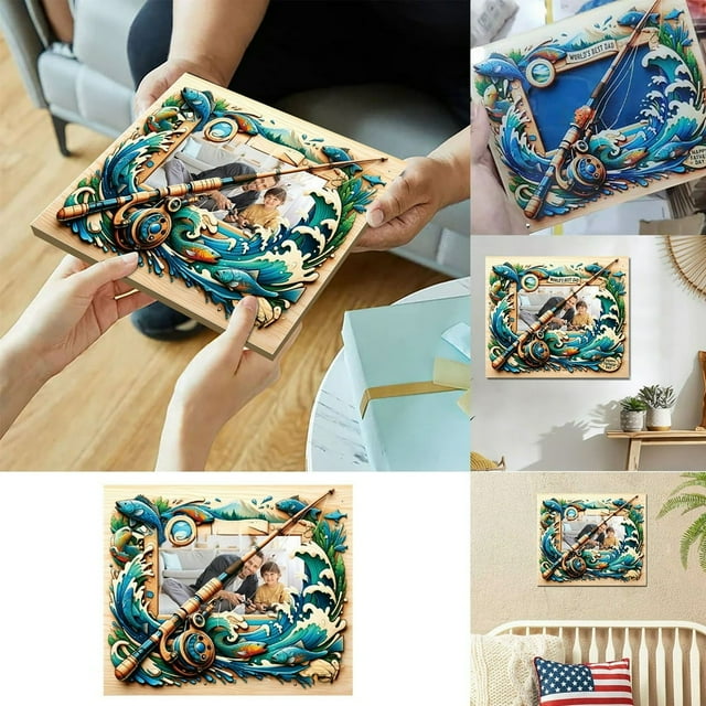 AMERTEER Border Father‘s Day Commemorative Hollow Photo Frame Stand Acrylic Buckle Photo Frame Fisherman Theme Photo Frame