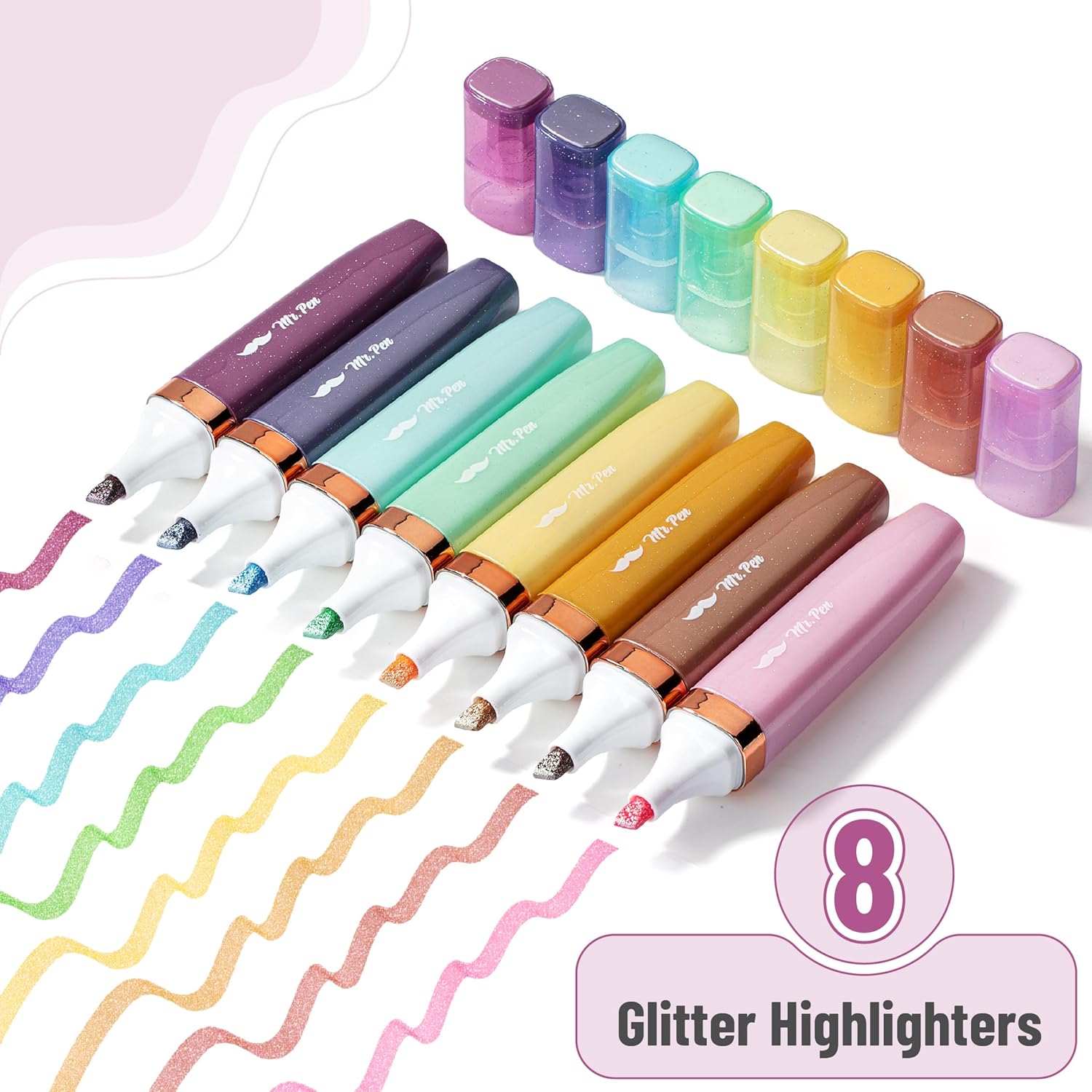 Glitter Highlighters, 8 Pack, Pastel & Metallic Colors, Chisel Tip Glitter Highlighter Markers for Journaling, Notes, Planners & Creative Highlighting