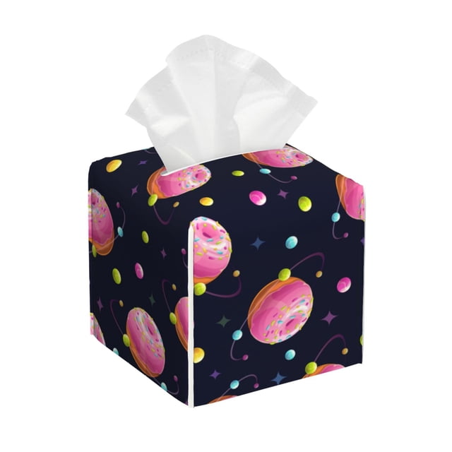 Fotbe Cartoon Donut Planets Porta Pañuelos Decorativo de Cuero, Caja Cuadrada Moderna para Pañuelos Faciales, Organizador y Dispensador 5x5x5''