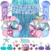 Mermaid Birthday Party Decorations Girls - melody fantasy Mermaid Party Decorations with Happy Birthday Banner Fringe Backdrop Cake Toppers Honeycomb Centerpieces Jelly Fish Paper Lanterns Balloons