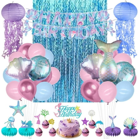 Mermaid Birthday Party Decorations Girls - melody fantasy Mermaid Party Decorations with Happy Birthday Banner Fringe Backdrop Cake Toppers Honeycomb Centerpieces Jelly Fish Paper Lanterns Balloons