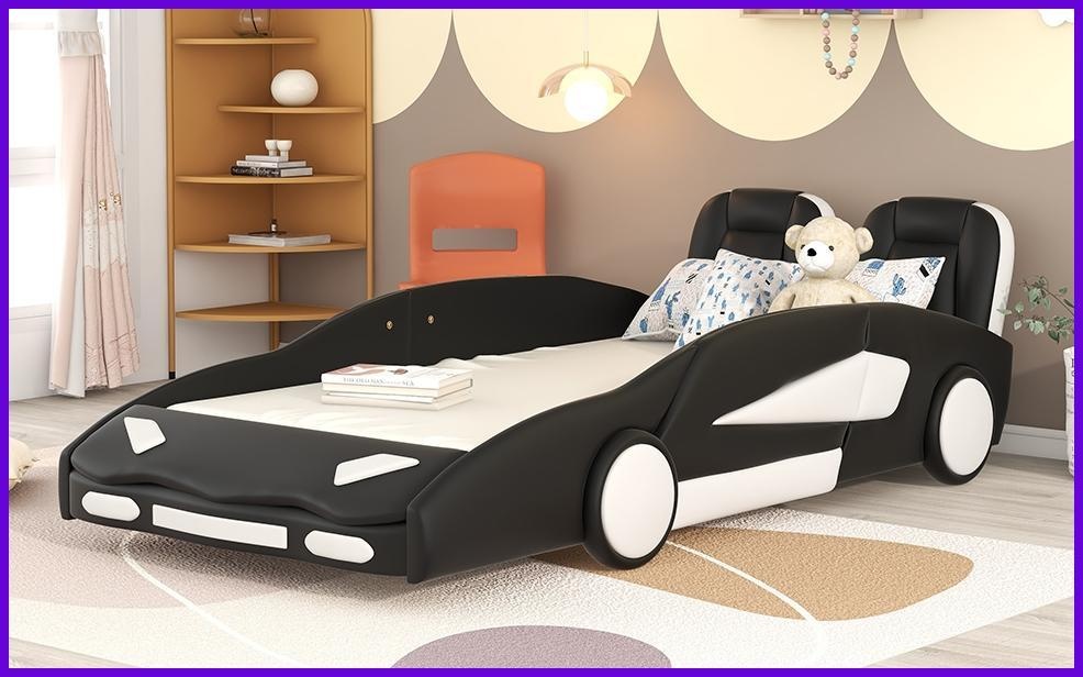 Twin Size Pine Wood Platform Bed Frame, Race Car Design with Wheels, No Box Spring Needed, Black