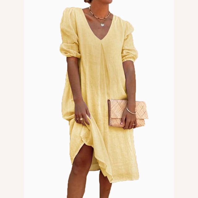 EQWLJWE Robes d'Été pour Femmes 2023 Robe Longue Plissée Décontractée à Manches Mi-Longues en Coton et Lin pour Femmes 2023