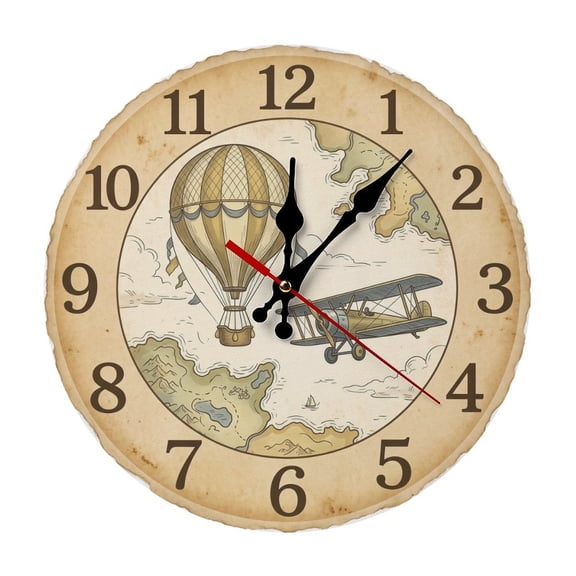 Vintage Hot Air Balloon Airplane Farmhouse Style Round Wood Wall Clock, Noiseless Design for Cafe & Classroom Decor
