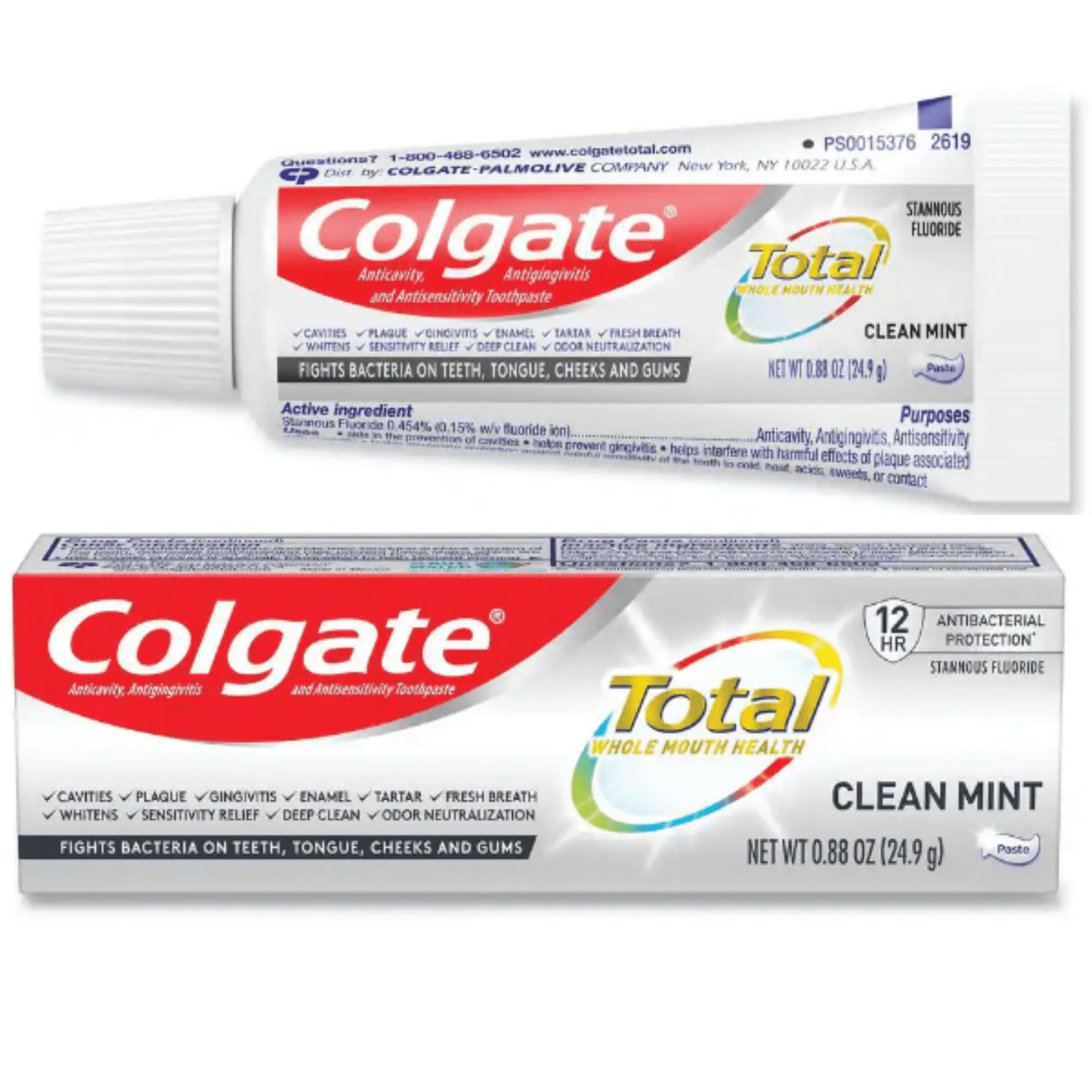 Colgate TOTAL WHOLE MOUTH HEALTH Toothpaste, CLEAN MINT FLAVOR, 0.88 Oz. TRAVEL or HOSPITALITY Size , 24 Tubes (CASE)