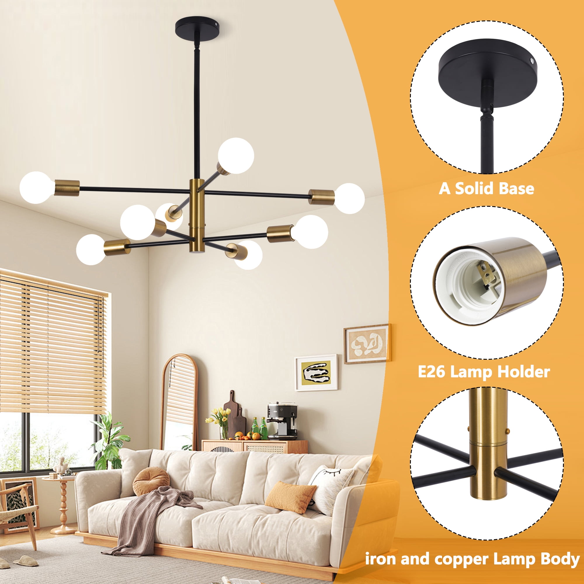 LISUNAR Chandelier,Sputnik ceiling light fixture,8 light modern chandelier,Black and Gold Mid Century Plating,Chandeliers for dining room,Height Adjustable for Living Room and Bedroom