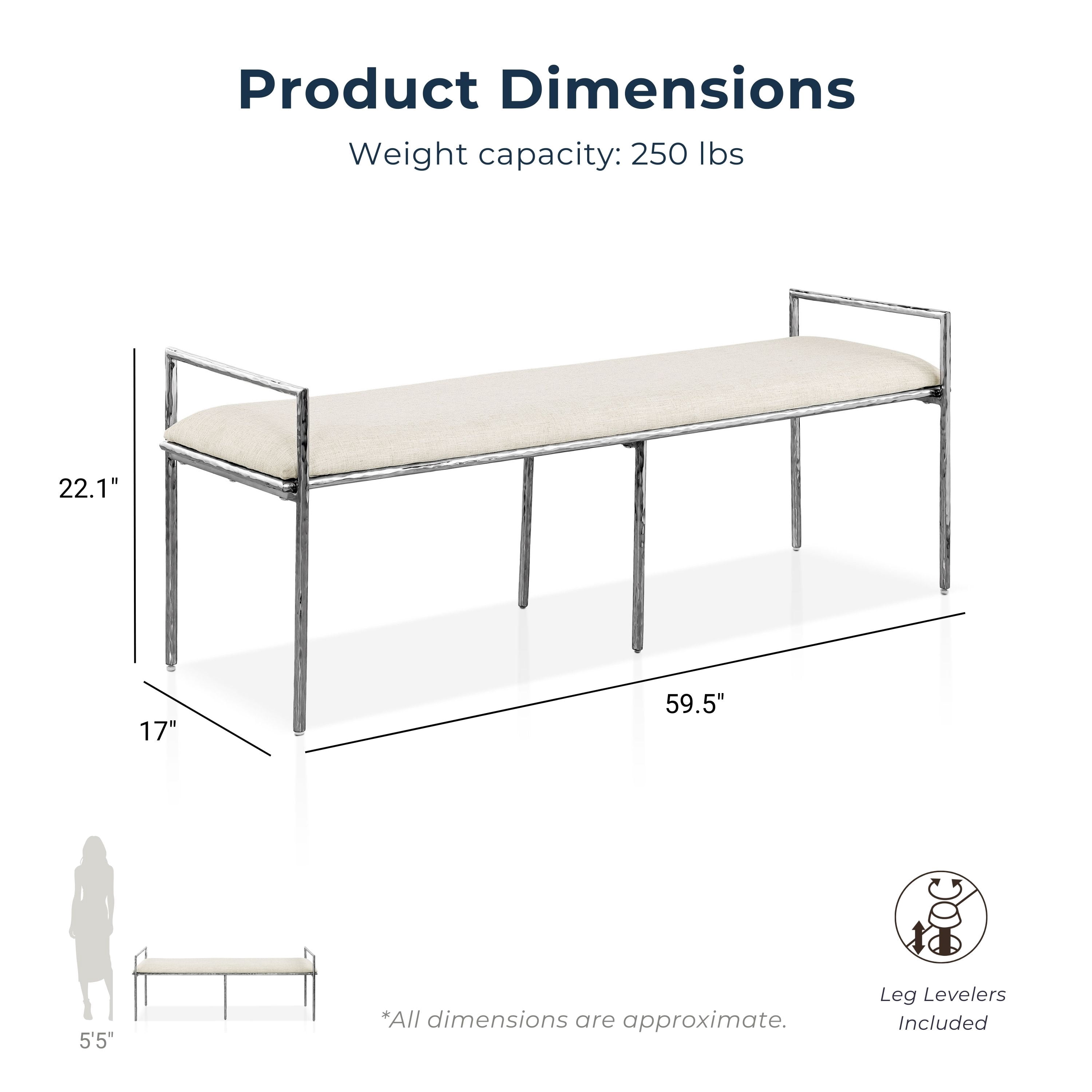 Furniture of America Zayen Modern Stainless Steel Upholstered Bench, Chrome