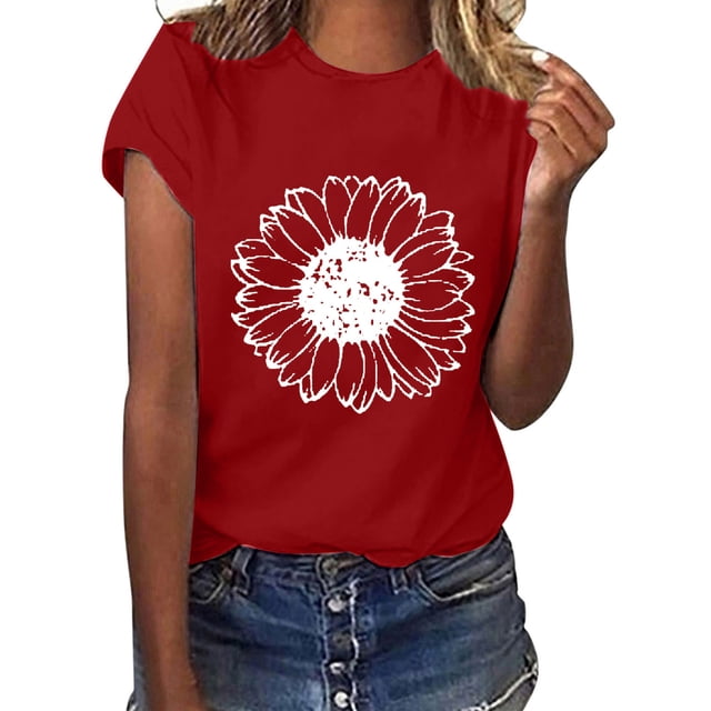 EQWLJWE Hauts pour Femmes, Chemises Mignonnes Grande Taille Col Rond Imprimé Manches Courtes T-Shirt Décontracté Blouse Ample Rabais
