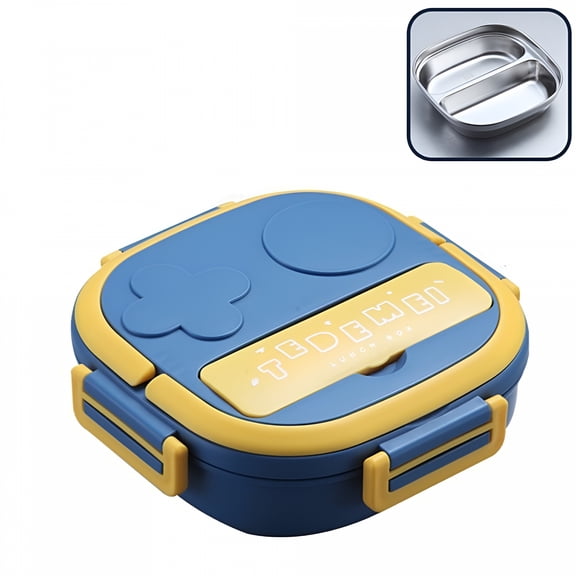 ACDANC Two Grid Portable School Lunch Box Bento Thermal Insulated Food Container Stainless Steel Insulated Square Lunch Box for Healthy Travel Office,Blue Small