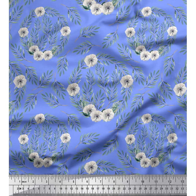 Soimoi Blue polyester Crepe Fabric Anemone & Leaves Print Fabric by the Yard 52 Inch Wide