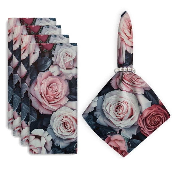 Bahomeck Cloth Napkins Set Of 4 Pink And Gray Roses With Leaves On Black Background Square Napkins Washable Dining Table Napkin For Home Holiday Wedding Party Dinner Decor 18*18 Inch
