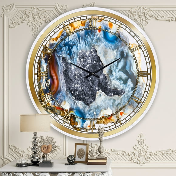 Designart 'Chalcedony Quartz Gold And Blue Ii Modern Wall Clock