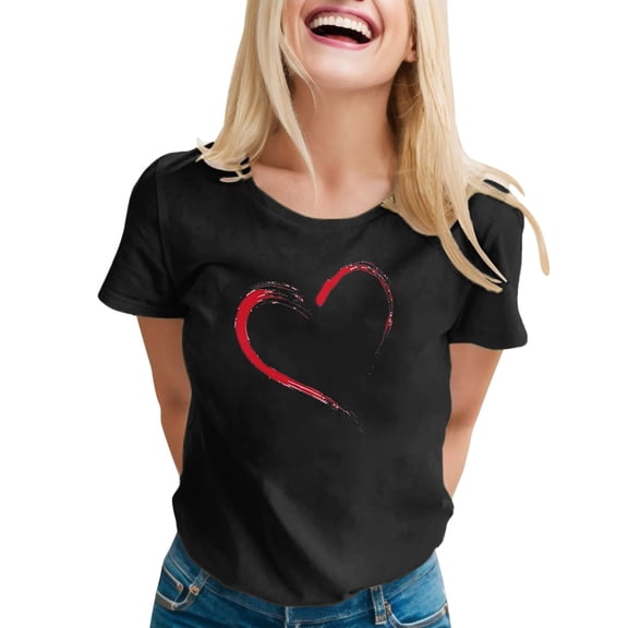 Womens Tops Love Heart Graphic Shirt Valentine's Day Summer Cute Casual Short Sleeve Crew Neck Plus Size Clothes