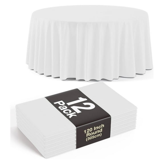 12 Pack White Plastic Round Table Cloth - 120 Inch Disposable Tablecloth For Parties - Plastic Table Cover For Picnics, Formal Events
