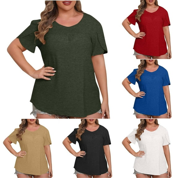 YUGYXL Dressy Loose Short Sleeve Shirts for Women Crew Neck Basics Fit Plus Size Tshirts Irregular Sleeve Blouses Army Green XL