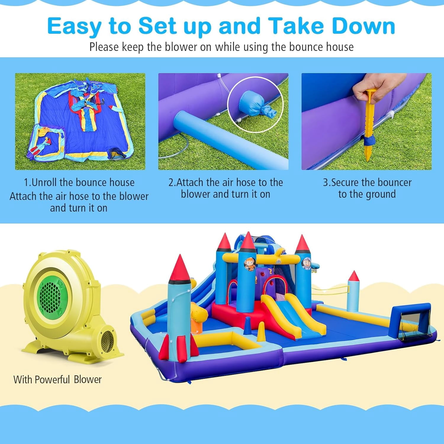 OLAKIDS Inflatable Water Slide, 10 in 1 Rocket Theme Bounce House Water Park with 2 Slides Splash Pool Volleyball Soccer Gate, Outdoor Inflatable Obstacle Course for Kids Backyard (Without 950W)