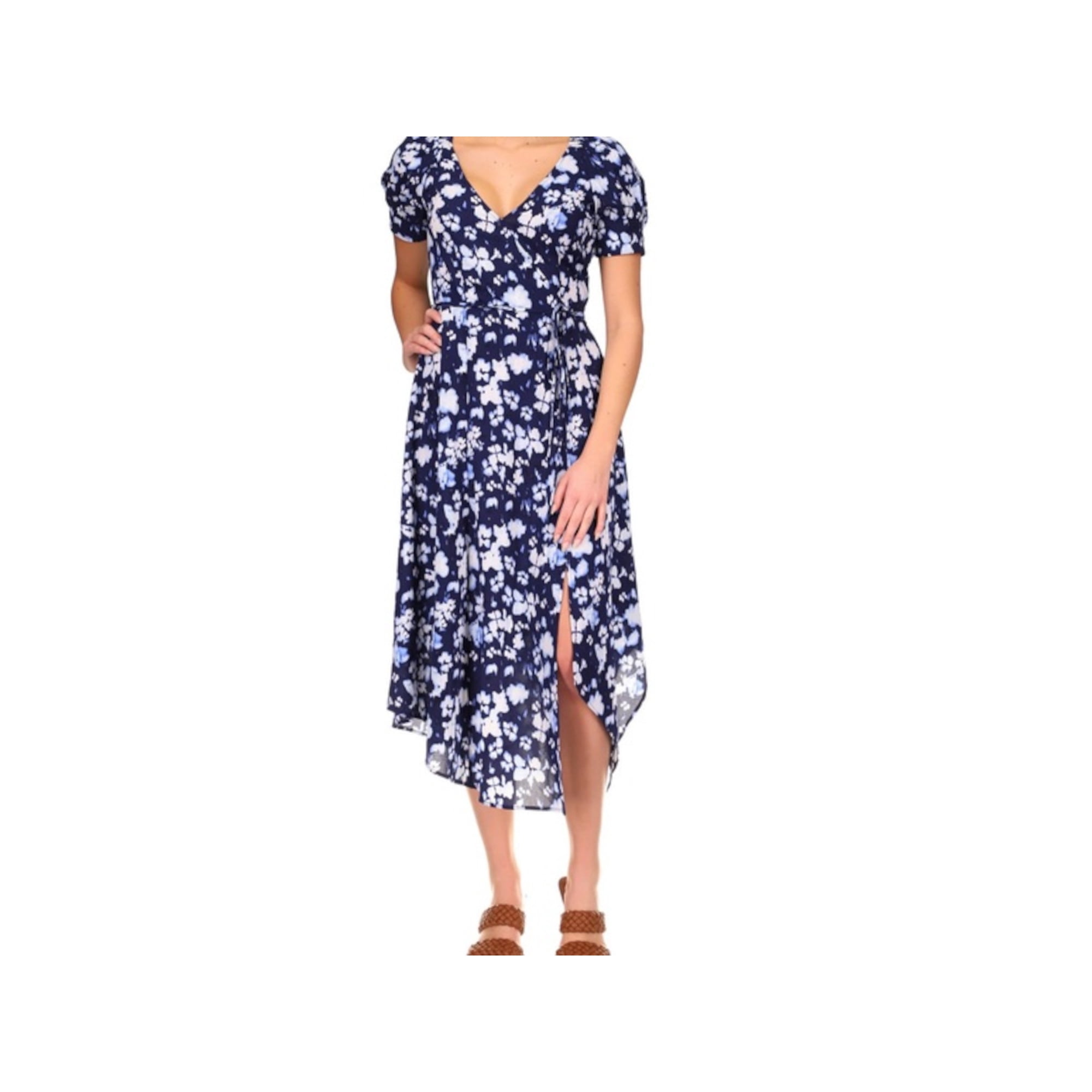 MICHAEL MICHAEL KORS Womens Navy Printed Short Sleeve Surplice Neckline Midi Wear To Work Faux Wrap Dress XXS Walmart