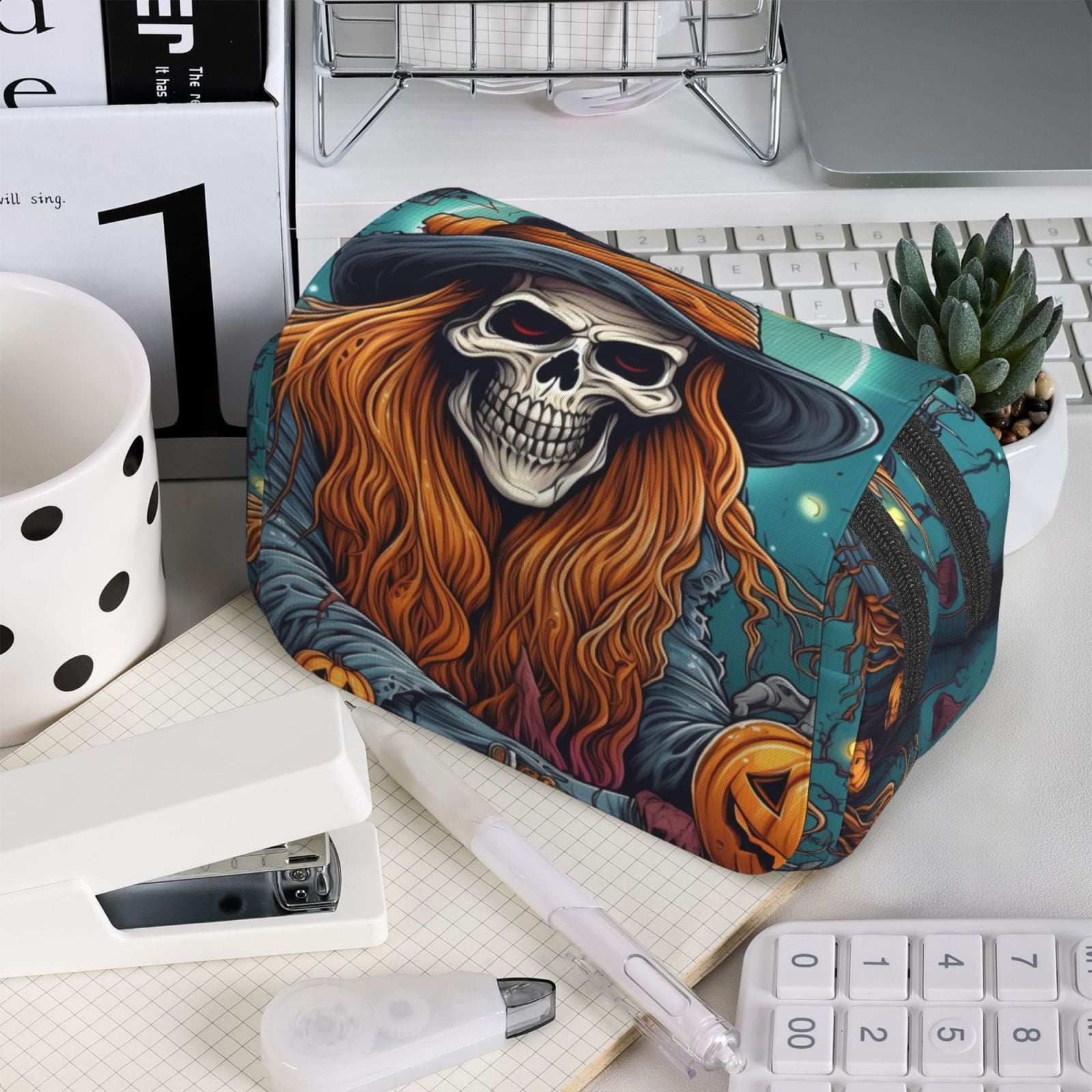 Rateoe Cartoon Pumpkin Skull Pattern Double Clamshell Pen Case, Storage Organizer with Two Zipper Compartments– Holds Up to 50 Pencils & Pens